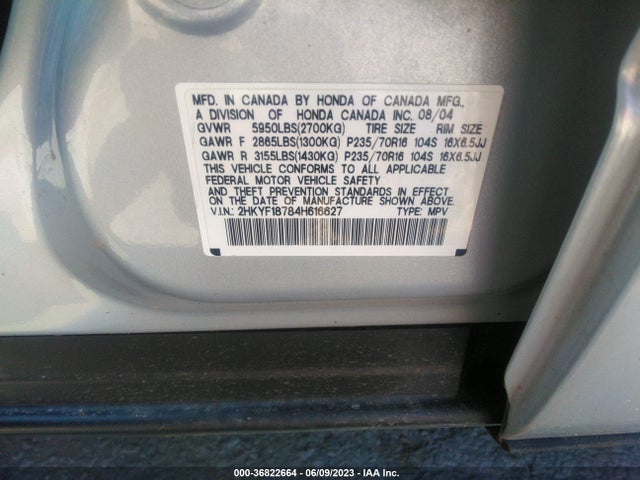 2004 HONDA PILOT EX VIN: 2HKYF18784H616627