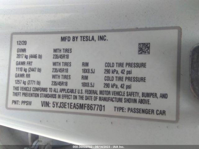 5YJ3E1EA5MF867701 Tesla Model 3 Standard Range Plus