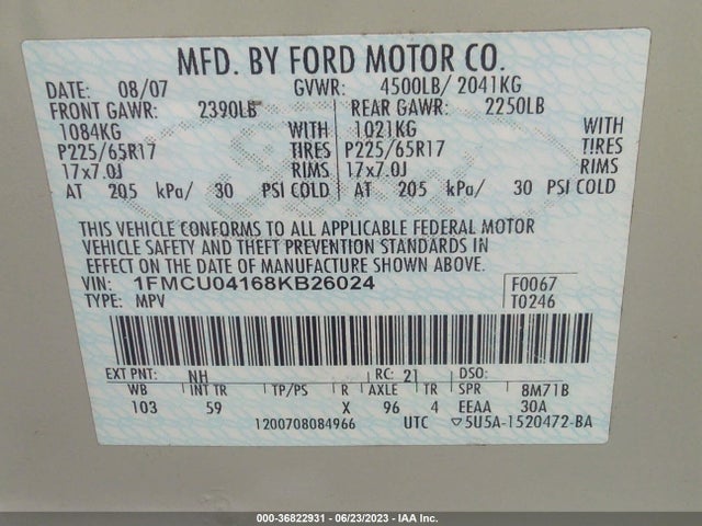 2008 FORD ESCAPE LIMITED VIN: 1FMCU04168KB26024