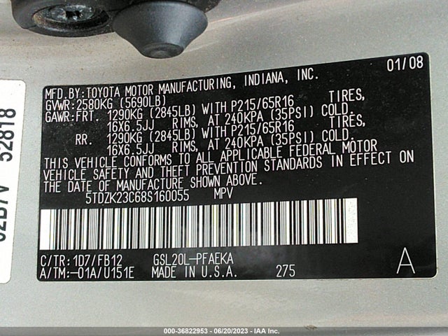 2008 TOYOTA SIENNA CE/LE VIN: 5TDZK23C68S160055