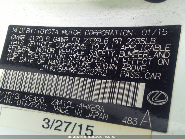 JTHKD5BH9F2232752 Lexus Ct 200h Hybrid