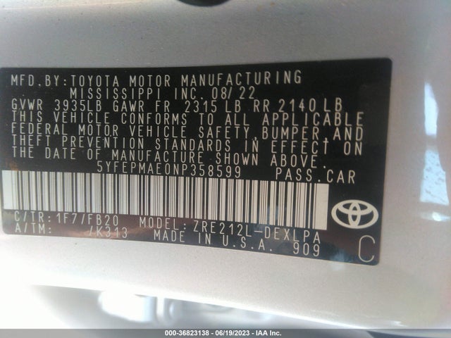2022 Toyota Corolla, VIN: 5YFEPMAE0NP358599