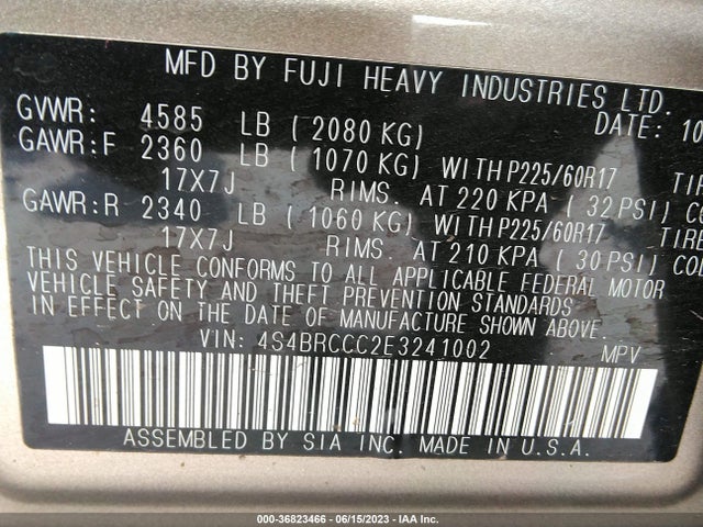 4S4BRCCC2E3241002 Subaru Outback 2.5i Premium