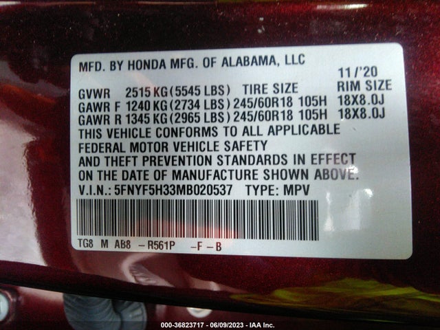 Honda Pilot Ex 2021 5FNYF5H33MB020537 Image 15