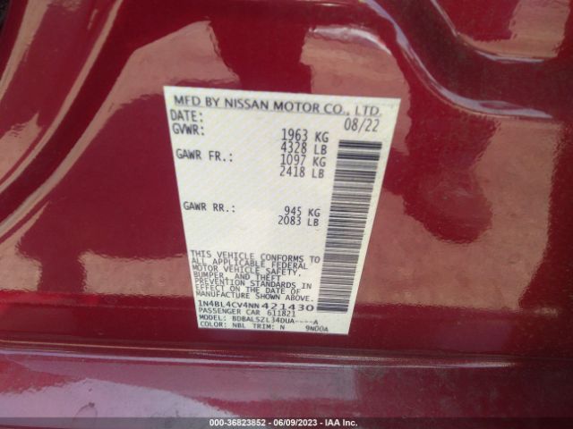 1N4BL4CV4NN421430 Nissan Altima 2.5 Sr