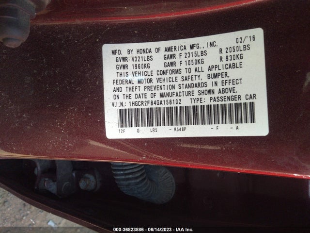 2016 HONDA ACCORD SEDAN EX-L VIN: 1HGCR2F84GA158102