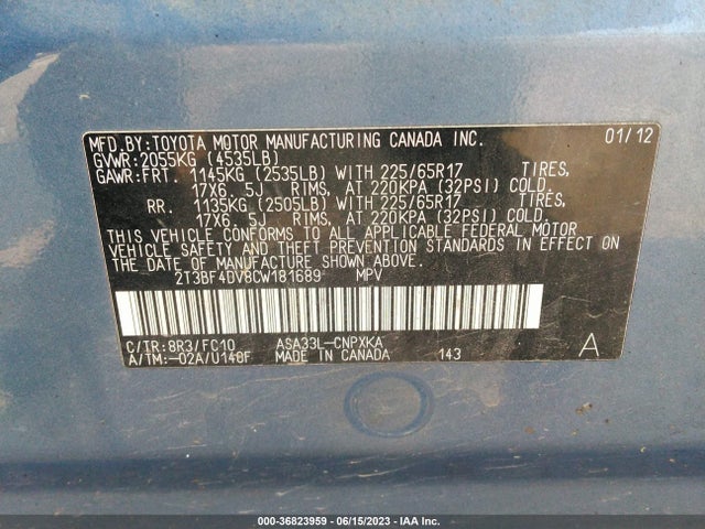 2012 TOYOTA RAV4 VIN: 2T3BF4DV8CW181689