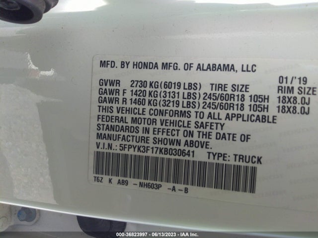 Honda Ridgeline Sport 2019 5FPYK3F17KB030641 Image 9