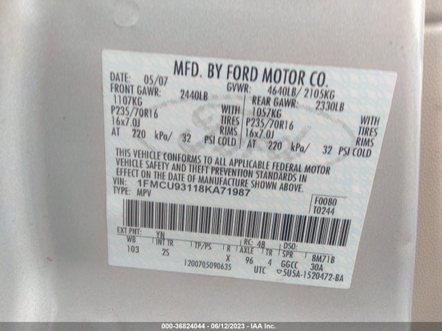 2008 FORD ESCAPE XLT VIN: 1FMCU93118KA71987