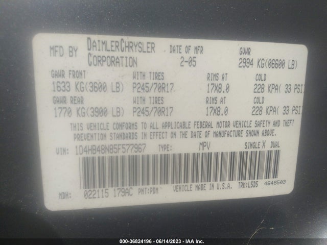 2005 DODGE DURANGO SLT VIN: 1D4HB48N85F577967