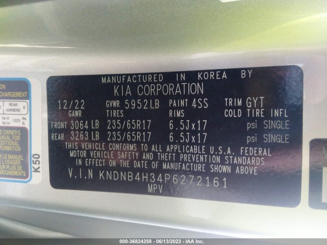 2023 KIA CARNIVAL LX VIN: KNDNB4H34P6272161