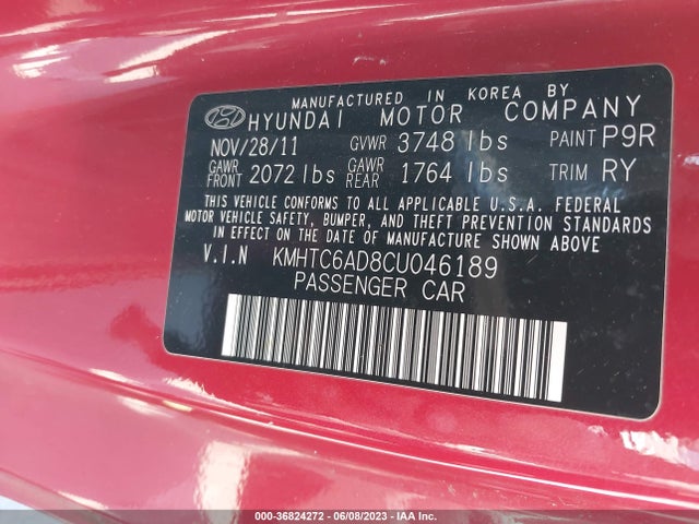 2012 HYUNDAI VELOSTER W/GRAY INT VIN: KMHTC6AD8CU046189