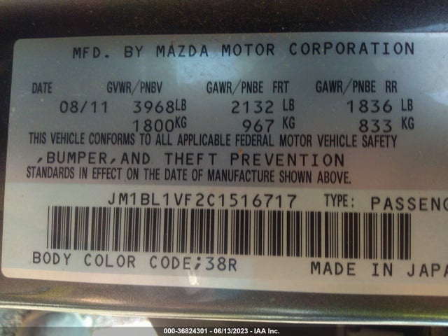 2012 MAZDA MAZDA3 I TOURING VIN: JM1BL1VF2C1516717