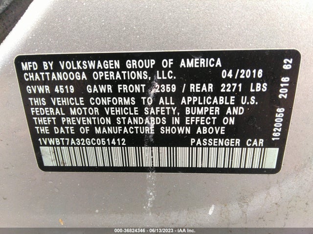 1VWBT7A32GC051412 Volkswagen Passat 1.8t Se