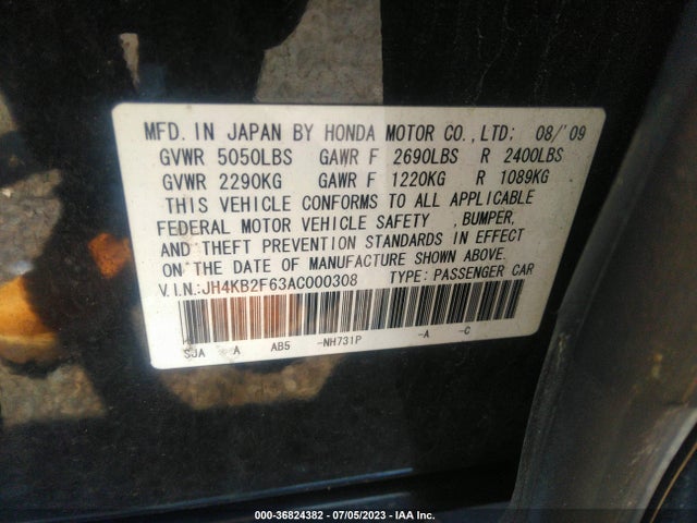 2010 ACURA RL TECH PKG/TECH/CMBS VIN: JH4KB2F63AC000308