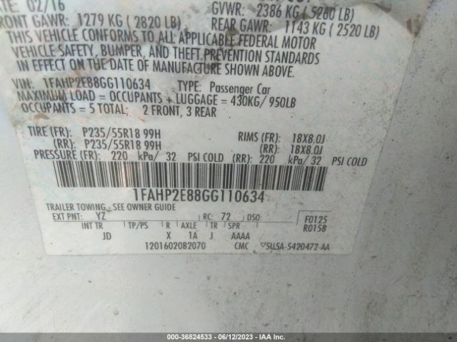 1FAHP2E88GG110634 Ford TAURUS SEL