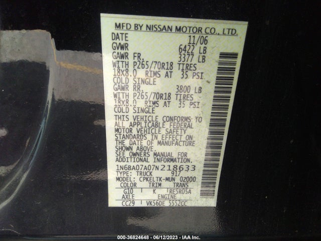 2007 NISSAN TITAN SE VIN: 1N6BA07A07N218633