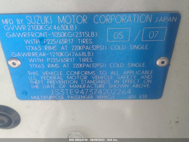 2007 SUZUKI GRAND VITARA LUXURY VIN: JS3TE947374202264