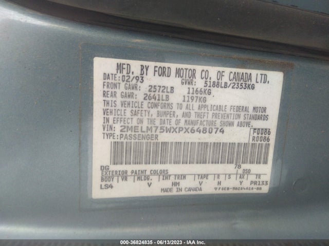 1993 MERCURY GRAND MARQUIS LS VIN: 2MELM75WXPX648074