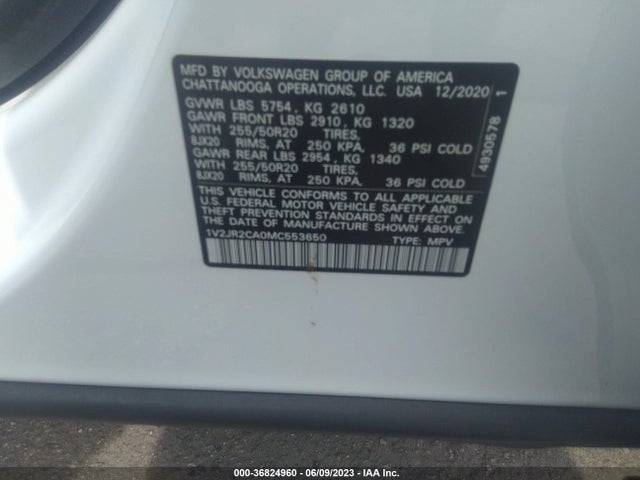 1V2JR2CA0MC553650 Volkswagen Atlas 3.6l V6 Se W/technology