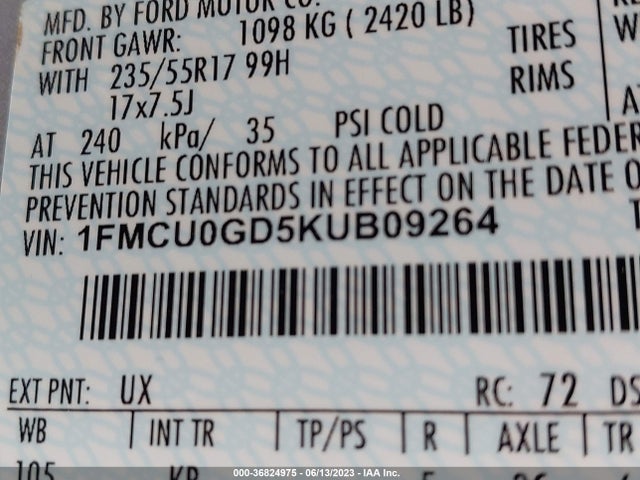 Ford ESCAPE SE 2019 1FMCU0GD5KUB09264 Image 16
