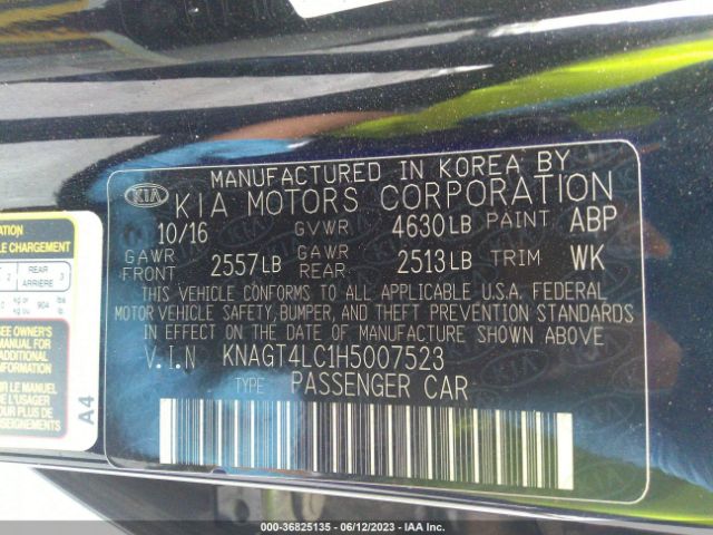 KNAGT4LC1H5007523 KIA Optima Hybrid Base