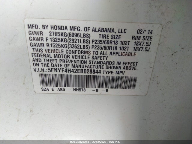 Honda Pilot Ex 2014 5FNYF4H42EB028844 Image 9