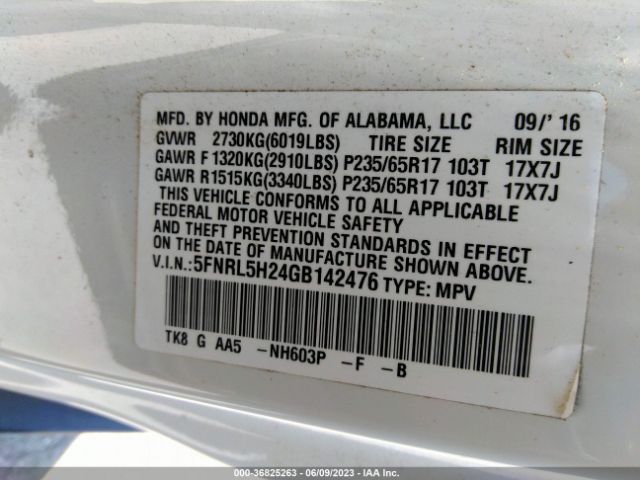 5FNRL5H24GB142476 Honda ODYSSEY LX