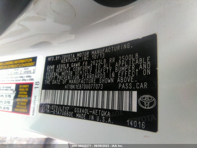 2013 TOYOTA AVALON XLE/LIMITED VIN: 4T1BK1EB7DU077073