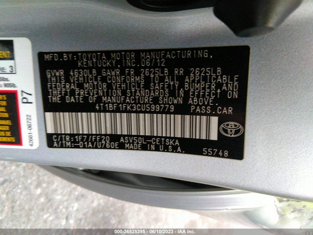 2012 TOYOTA CAMRY L/LE/SE/XLE VIN: 4T1BF1FK3CU599779