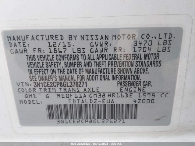 3N1CE2CP8GL376271 Nissan Versa Note S/s Plus/sv/sr/sl