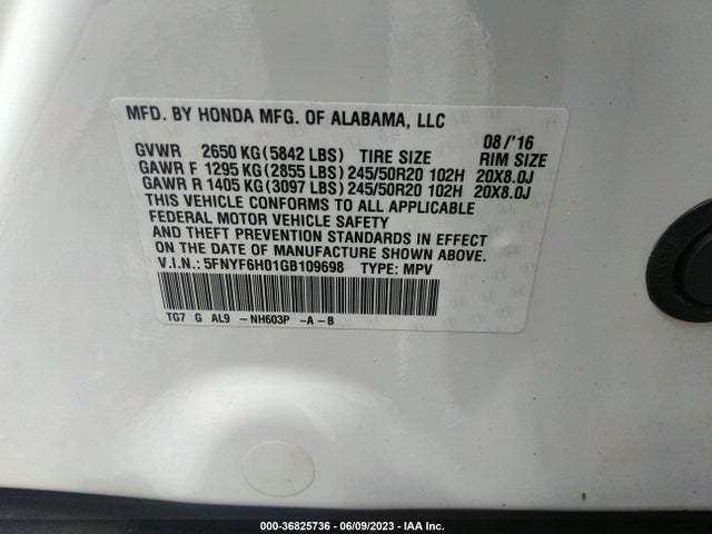 Honda Pilot Elite 2016 5FNYF6H01GB109698 Image 9