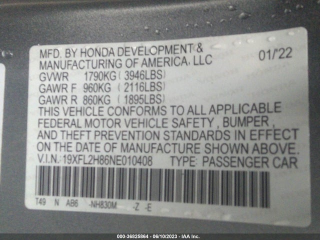 2022 HONDA CIVIC HATCHBACK SPORT VIN: 19XFL2H86NE010408