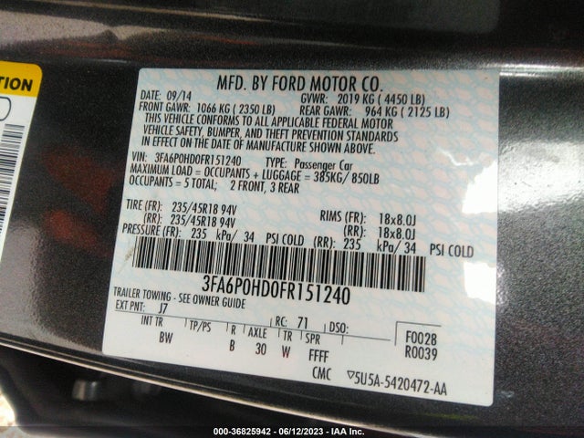 Ford FUSION SE 2015 3FA6P0HD0FR151240 Image 9