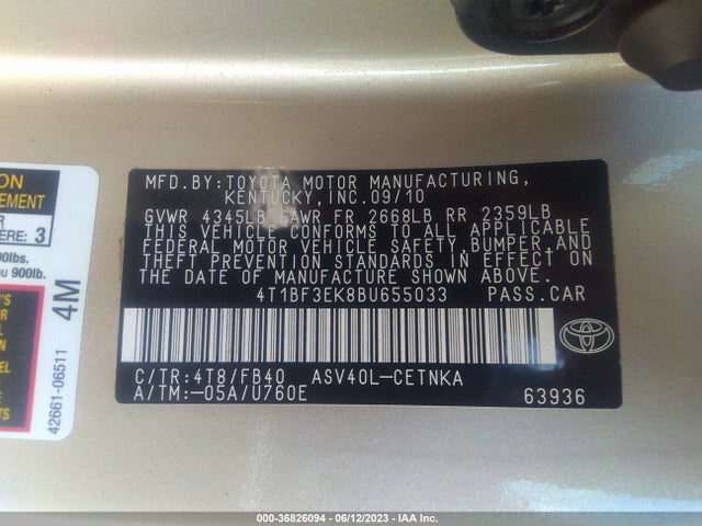 2011 TOYOTA CAMRY VIN: 4T1BF3EK8BU655033