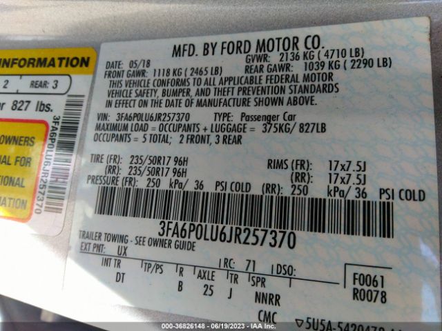 3FA6P0LU6JR257370 Ford Fusion Hybrid Se