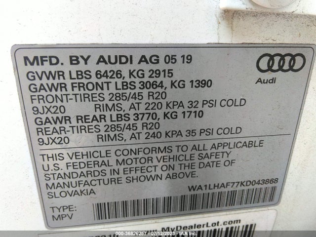 2019 AUDI Q7 PREMIUM PLUS VIN: WA1LHAF77KD043868