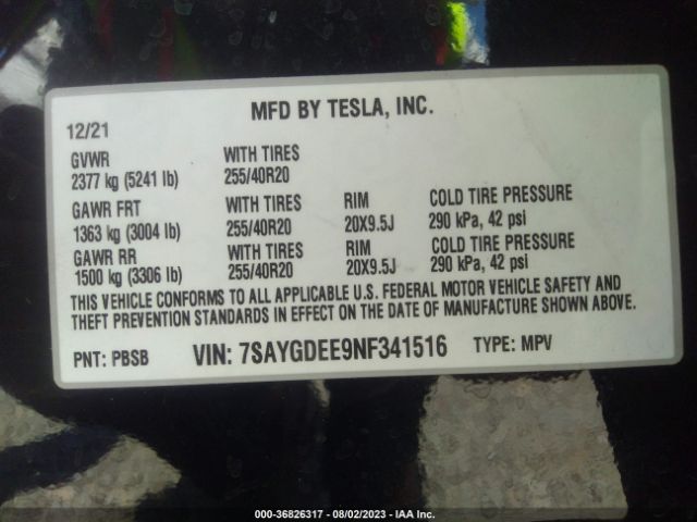 7SAYGDEE9NF341516 Tesla Model Y Long Range