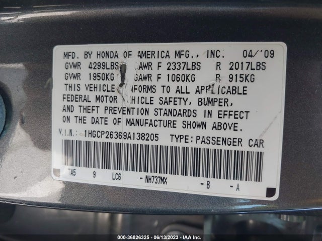 2009 HONDA ACCORD SDN LX VIN: 1HGCP26369A138205