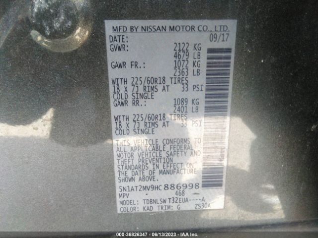 5N1AT2MV9HC886998 Nissan Rogue Sl