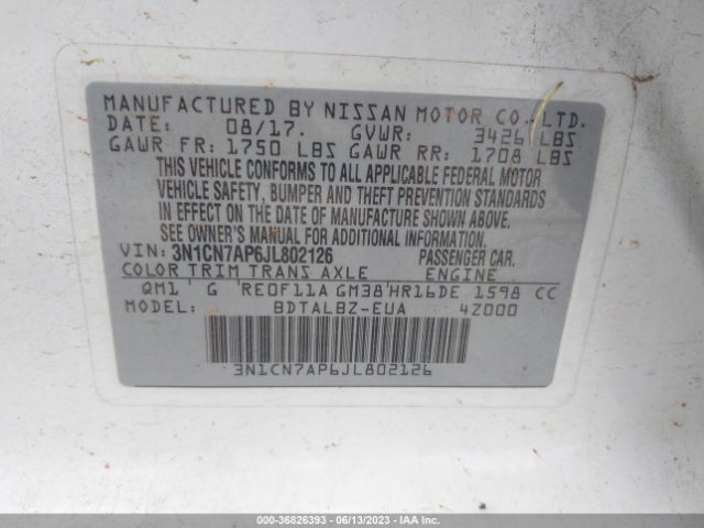 3N1CN7AP6JL802126 Nissan Versa Sedan Sv