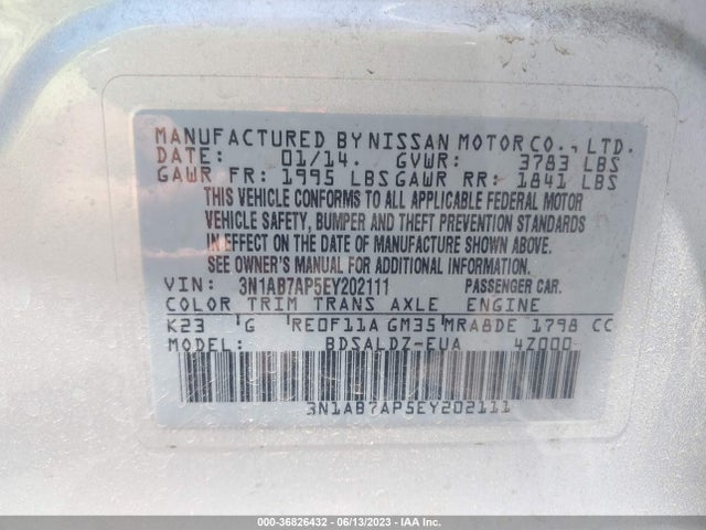 2014 NISSAN SENTRA SV VIN: 3N1AB7AP5EY202111