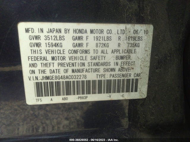 2010 HONDA FIT SPORT VIN: JHMGE8G48AC032278