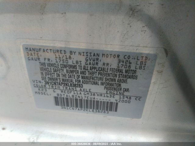 3N1CN7AP2KL838283 Nissan Versa Sedan Sv
