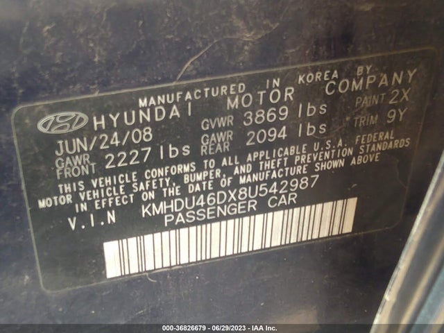 2008 HYUNDAI ELANTRA GLS/SE VIN: KMHDU46DX8U542987