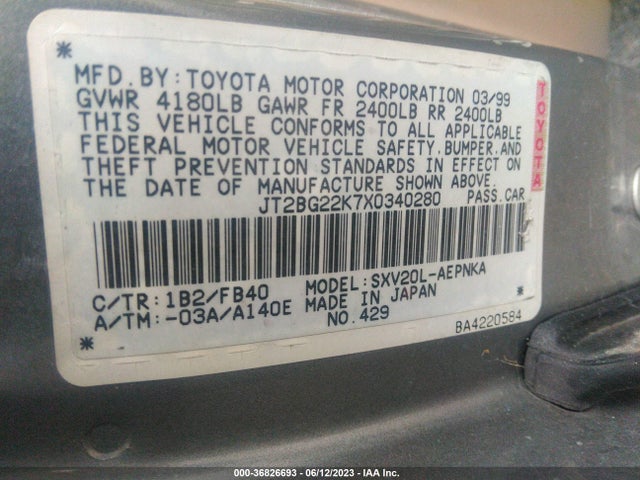 1999 TOYOTA CAMRY LE/XLE/CE VIN: JT2BG22K7X0340280