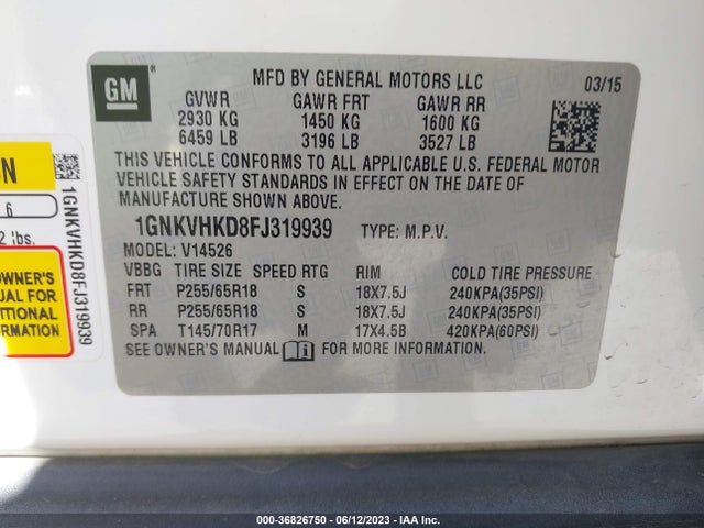 Chevrolet Traverse Lt 2015 1GNKVHKD8FJ319939 Image 10