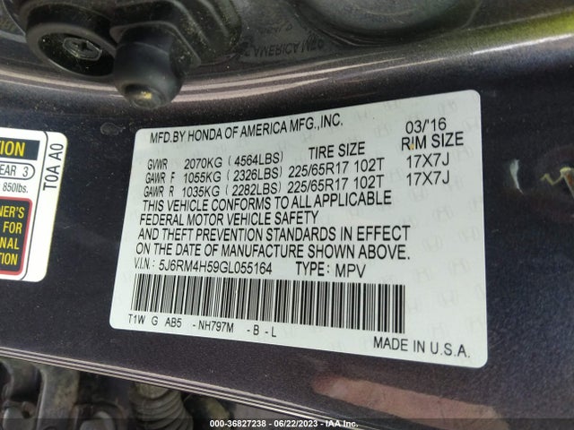Honda CR-V EX 2016 5J6RM4H59GL055164 Image 9