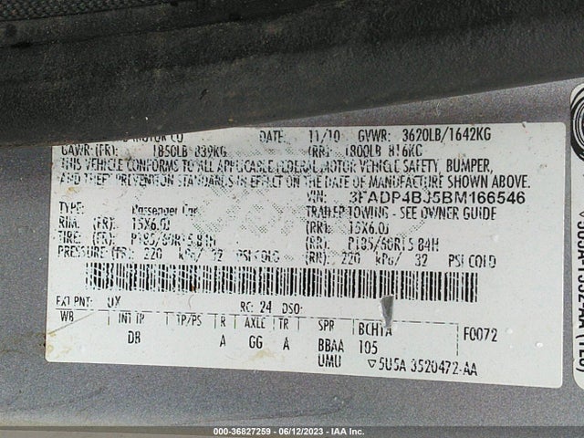 2011 FORD FIESTA SE VIN: 3FADP4BJ5BM166546