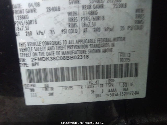 2008 FORD EDGE SEL VIN: 2FMDK38C08BB02318